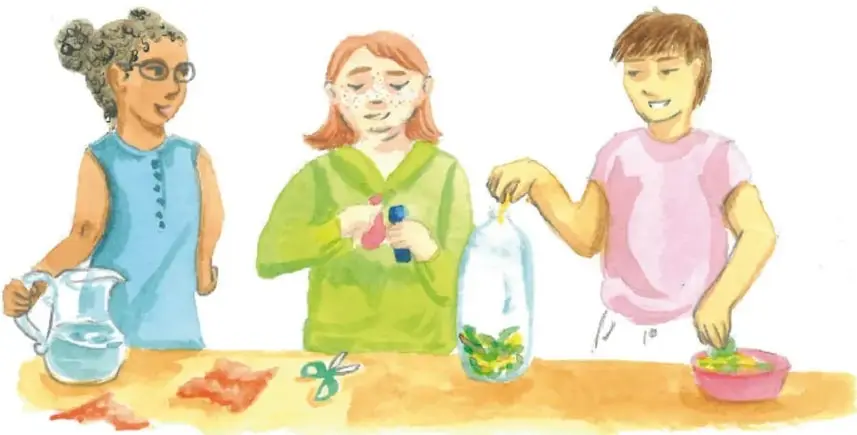 Ilustración de tres estudiantes realizando experimentos: una sostiene una jarra con agua, otra manipula frascos pequeños y un tercero introduce residuos vegetales en un frasco grande; sobre la mesa hay tijeras y recortes de papel.