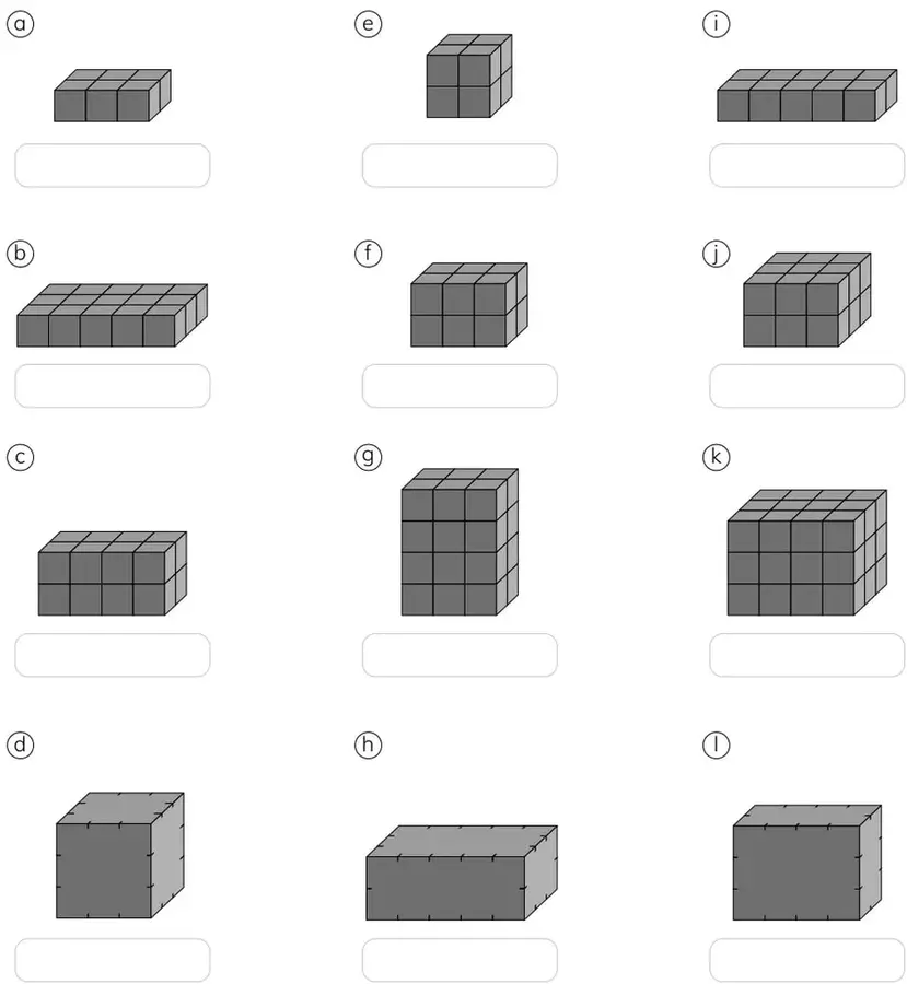 Doce cuerpos geométricos formados por cubos unitarios, rotulados de a) a l), cada uno con un recuadro en blanco debajo para escribir el volumen.