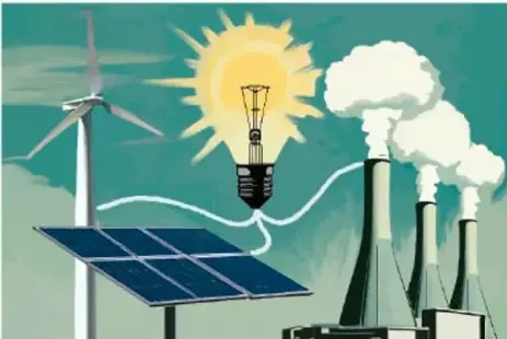 Ilustración: panel solar, turbina eólica y bombilla incandescente conectadas a chimeneas industriales que emiten humo, en un paisaje verde con sol. Crédito: Eli Fabián López López, GUERRERO.