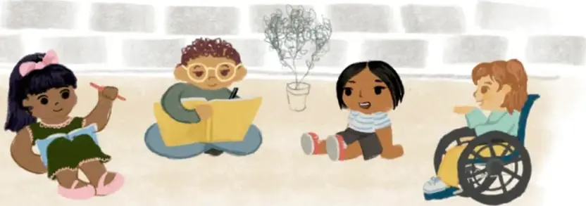 Ilustración de los mismos cuatro niños trabajando en equipo: una niña escribe, un niño toma notas en un cuaderno y hay una planta en maceta.
