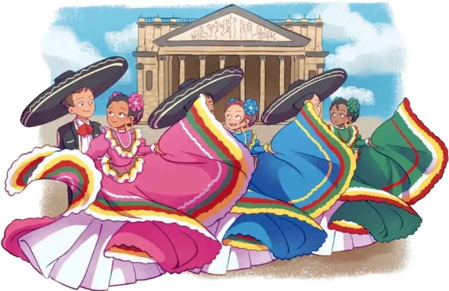 Ilustración de cuatro niñas y un niño con trajes típicos mexicanos (faldas amplias con listones de colores y sombreros) bailando frente a un edificio con columnas de estilo clásico. Crédito: Karla Esmeralda Mata Medina, Tamaulipas.