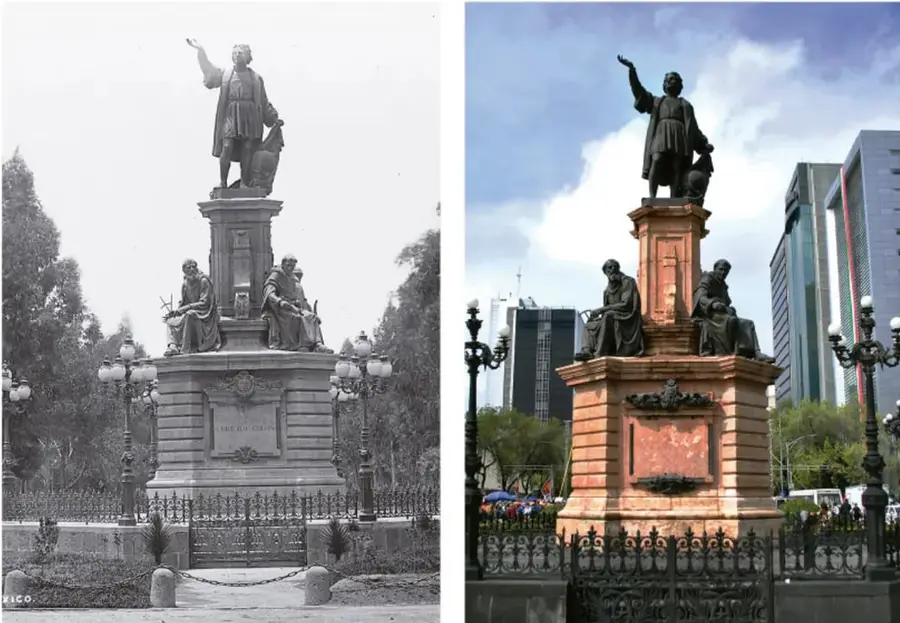 Fotografía en blanco y negro del Monumento a Colón en el siglo XIX, rodeado de árboles y rejas, sin grandes edificaciones.