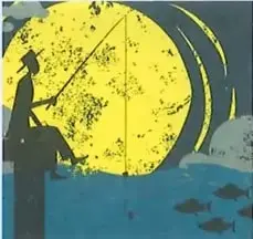 Ilustración nocturna con una persona junto a un cuerpo de agua, peces y una Luna grande.