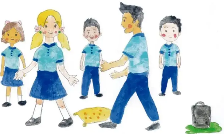 Ilustración de cinco estudiantes y un docente formando un círculo alrededor de un cojín amarillo con puntos, en un patio escolar.