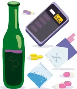 Ilustración de una botella, sobres de drogas, pastillas y un celular, atribuida a Juan Pablo Dorantes Pineda, Ciudad de México