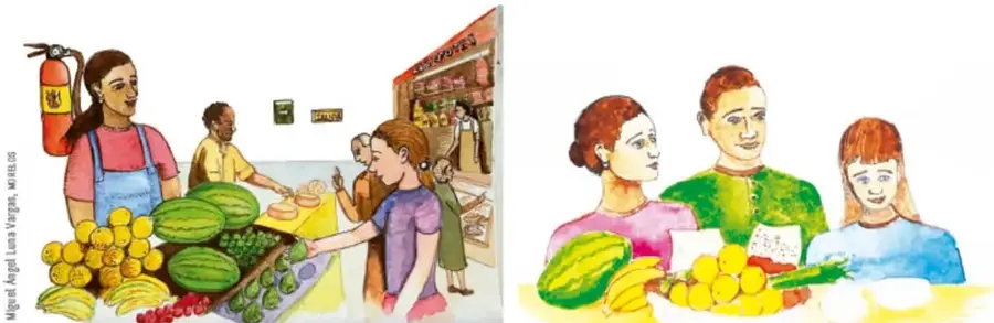 Ilustración de un mercado o tienda comunitaria con una vendedora, clientes y canastas de frutas y verduras; se observa un extintor y un letrero de precios.
