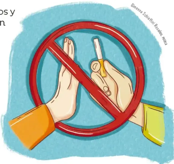 Ilustración de una mano con la palma abierta en señal de alto frente a otra mano que sostiene un cigarro, dentro del símbolo rojo de prohibición (círculo con diagonal), sobre fondo azul. Crédito: Gimenna Schiaffini Rosales, Puebla.