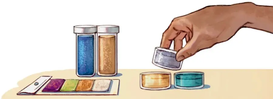 Mano manipulando material de laboratorio: frascos con líquidos azul y café, portaobjetos con muestras de colores y cajas de Petri. Ilustración de Belén Itzel Nopal Alvarado, Estado de México.