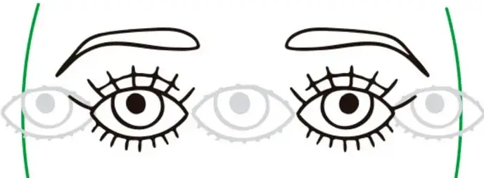 Dibujo de dos ojos con cejas y pestañas; entre y a los lados se ven ojos grises semitransparentes que indican que el rostro mide 5 ojos de ancho.