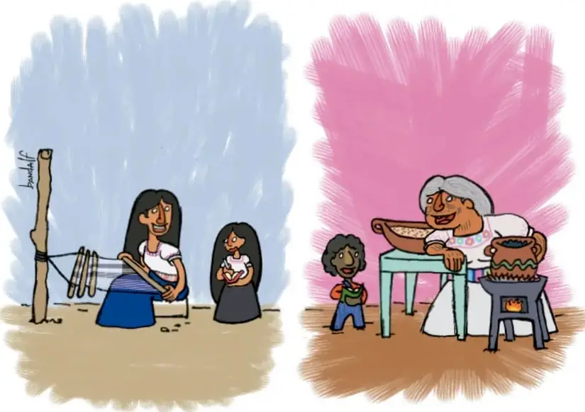 Mujer tejiendo en un telar de cintura con una niña observando.