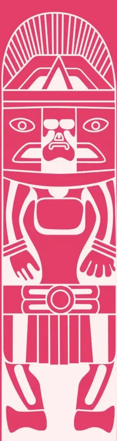 Ilustración estilizada en blanco y rojo que representa una figura prehispánica o totémica, con tocado radiado, rostro con ojos y nariz marcados, brazos extendidos y faldón con franjas verticales. Funciona como elemento decorativo del tema.