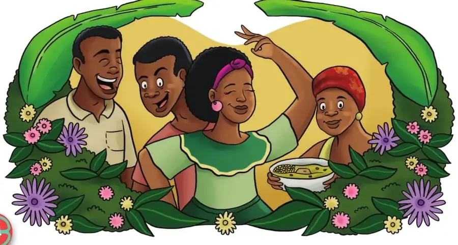 Ilustración a color de personas de la comunidad afroesmeraldeña, con sonrisas, vestimenta tradicional y entorno tropical (palmeras, flores).