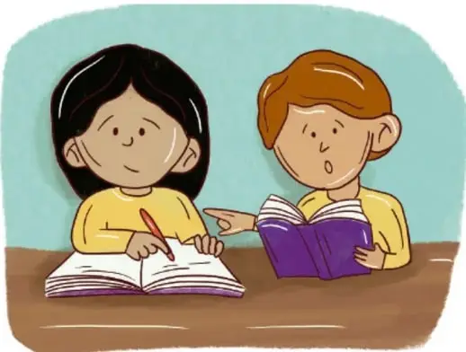 Ilustración de una niña y un niño sentados en un pupitre, revisando un libro y tomando notas. La niña escribe en un cuaderno y el niño sostiene un libro morado.