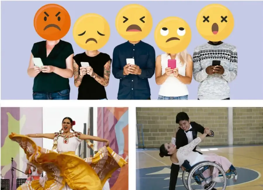 Cinco personas jóvenes sosteniendo celulares, con emojis (enojada, triste, angustiada, aburrida, desmayada) superpuestos sobre sus rostros, sobre fondo lila.