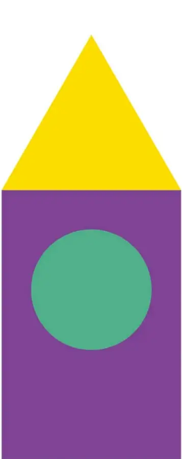 Figura compuesta «cohete»: triángulo amarillo como punta, rectángulo morado como cuerpo y círculo verde como ventana.