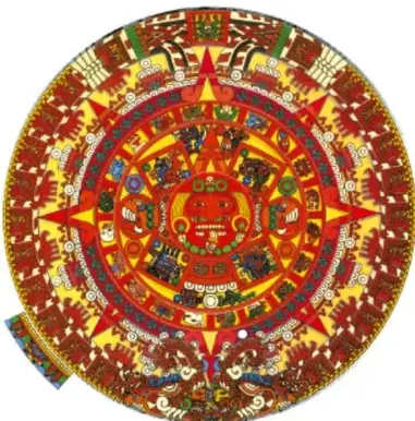 Piedra del Sol o calendario azteca: monolito circular policromado (en representación a color) con el rostro central de la deidad solar, glifos de las eras y anillos decorativos.