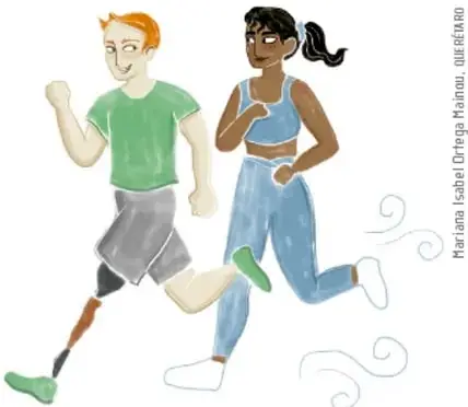 Ilustración de dos niños corriendo, uno de ellos con una pierna protésica, representando la integridad física y la inclusión.