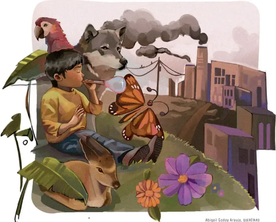 Ilustración contrastante: a la izquierda, un niño toca una flauta rodeado de fauna (guacamaya, lobo, venado, mariposa monarca, flores y plantas verdes); a la derecha, una ciudad industrial gris con chimeneas que arrojan humo y cables eléctricos. Transmite la tensión entre naturaleza intacta y contaminación. Firma: Abigail Godoy Araujo, Querétaro.