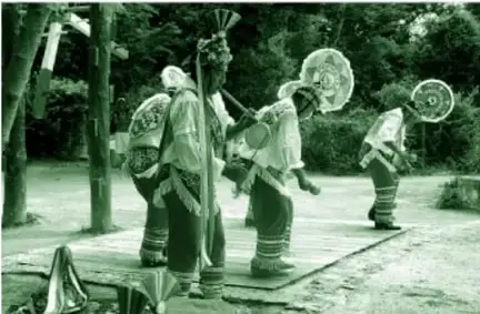 Fotografía a color (con tono verdoso de impresión) de danzantes voladores en Papantla: pantalones rojos con espiguillas y flecos dorados, camisa blanca, tocado cónico con gran círculo decorado; uno toca flauta y tamborcillo mientras los demás danzan con sonajas; al fondo se aprecian palos de madera (el poste del ritual) y árboles.
