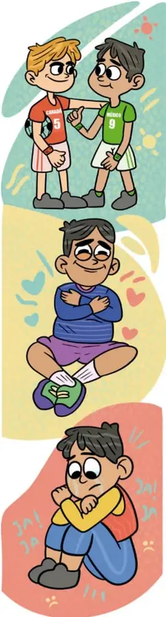Dos niños con camisetas de equipos de fútbol (uno con número 5 y otro con número 9) abrazándose de manera amistosa, ilustrando el trato digno y la convivencia respetuosa.
