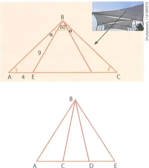 Esquema de un techo triangular reforzado con dos varillas interiores; aparecen los ángulos marcados, $AE=4$ y $BE=9$.