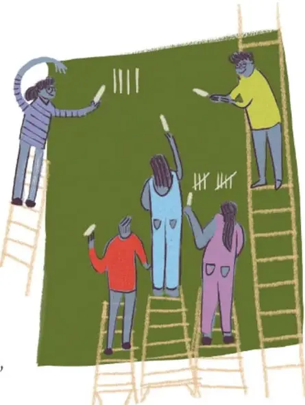 Ilustración de cinco personas pintando un muro verde con rodillos y brochas.