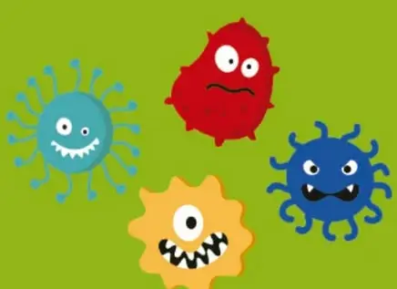 A la izquierda, un diente sano sonriente y brillante (etiquetado 'Diente sano'); un signo + rojo; a la derecha, cuatro bacterias caricaturescas con espinas y dientes en colores azul, rojo, naranja y azul oscuro (etiquetadas 'Bacterias de la boca').