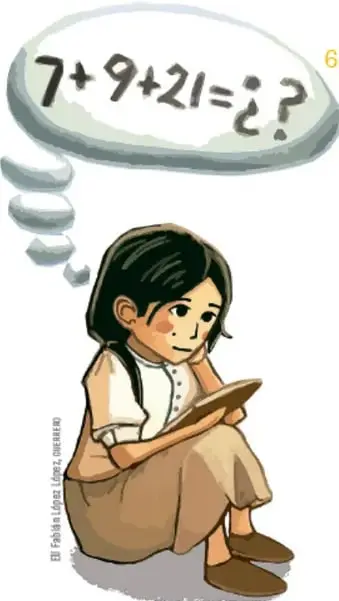 Ilustración de una niña sentada leyendo un libro, con un globo de pensamiento que muestra la operación 7+9+21=?