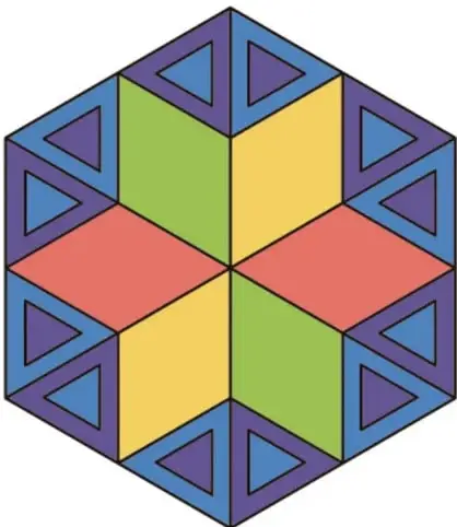 Hexágono formado por triángulos de colores (azul, verde, amarillo, rojo) que muestra la estructura de un flexágono.