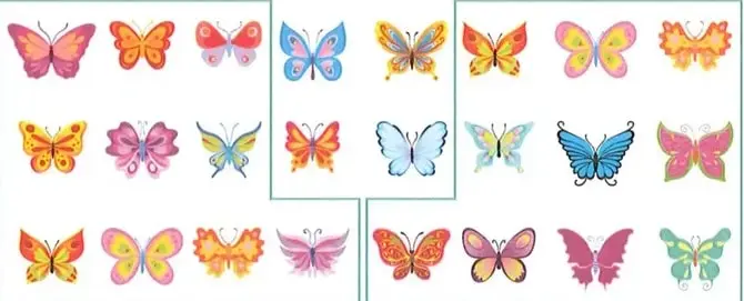 Ilustración de mariposas organizadas visualmente para formar grupos de diez.