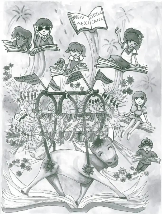Ilustración en blanco y negro de un carrusel o tiovivo tirado por un burro. Sobre él hay niños y niñas leyendo libros. En la parte superior, un libro abierto dice 'NUEVA ESCUELA MEXICANA'. Hay banderines con palabras como 'SALUD', 'ALIMENTACIÓN', 'ESCUELA', 'CULTURA', 'DEPORTE'. La escena incluye flores y pasto. En el borde inferior derecho se lee el crédito: 'María del Rosario Escobar García / Jalisco'.