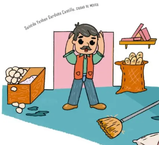 Don Manuel se toma la cabeza, espantado, en la tienda en desorden: caja de huevos tirada, repisa con objetos, costal de pan, escobas y charcos (ilustración con crédito de Santiago Fernández García de Castilla, CDMX).