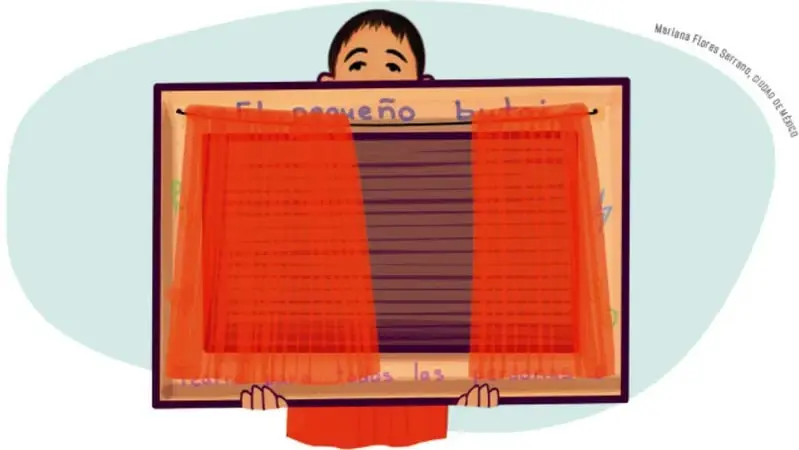 Ilustración de un niño sosteniendo un butai de color rojo con el título 'El pequeño...' y una franja central con texto; a la derecha se lee 'Mariana Flores Serrano, Ciudad de México'.