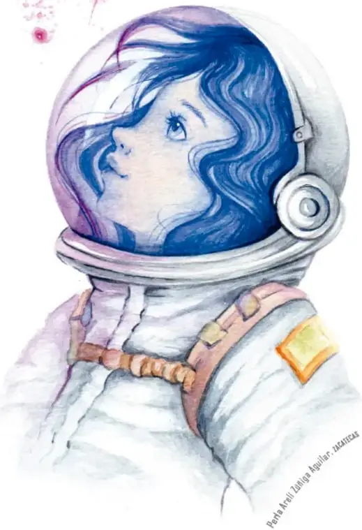 Ilustración en acuarela de una astronauta con casco, cabello azul ondulado y traje espacial, mirando hacia arriba.