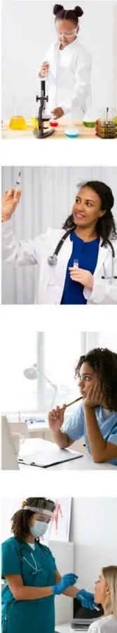 Niña con bata de laboratorio y lentes de seguridad observando un microscopio, rodeada de matraces con líquidos de colores.