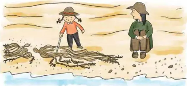 Ilustración de Maya y su tía Ceci en la playa. Maya sostiene un palo y remueve cochayuyo en la arena; la tía observa con una sonrisa.