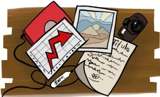 Ilustración de un escritorio con materiales de proyecto: cuaderno rojo, gráfico con flecha roja ascendente, fotografía de paisaje, cámara, hoja con título y notas, y rotulador (crédito: Omar Torres ja Ruiz / curriculum).