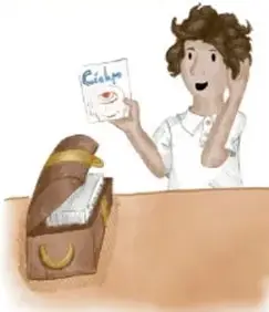 Ilustración de una niña con cabello castaño mostrando una tarjeta escrita, junto a un cajón abierto con recortes o papeles; crédito: Mónica Hendez Cruz, Ciudad de México.