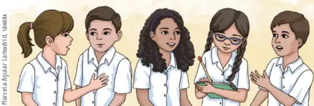Ilustración de cinco estudiantes con uniforme escolar conversando en equipo; uno de ellos sostiene un cuaderno y lápiz para tomar notas.