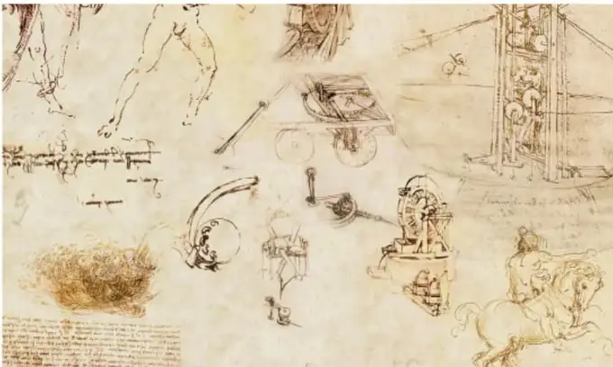 Página de bocetos de Leonardo da Vinci con múltiples máquinas, engranajes, un caballo y notas manuscritas en tinta sepia.