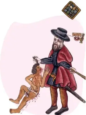 Ilustración de un encomendero español, armado y con sombrero, junto a un indígena.