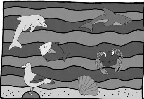 Collage modelo con delfín, tiburón, pez, cangrejo, gaviota y concha sobre fondo marino azul con olas.