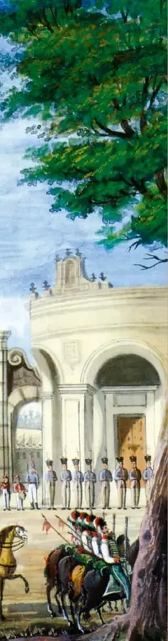 Óleo del siglo XIX: entrada triunfante de Agustín de Iturbide en la Ciudad de México con el Ejército Trigarante el 27 de septiembre de 1821, ante un arco triunfal y tropas formadas. Museo Nacional de las Intervenciones, Secretaría de Cultura-INAH.
