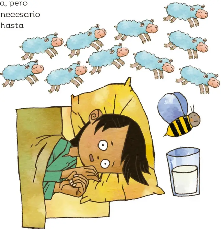 Ilustración de Eualuna acostada en su cama con los ojos muy abiertos, rodeada de borregos saltando, una abeja y un vaso de leche.