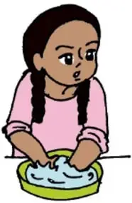 Secuencia de cinco ilustraciones de una niña con trenzas realizando actividades de regulación: soplar, lavar las manos, respirar con ojos cerrados, meditar sentada en el piso y apretar una pelota.