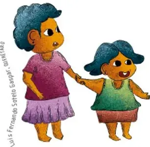 Ilustración de dos niñas de pelo azuloscuro tomando de la mano, obra de Luis Fernando Soreté Vásquez, acompañada de la letra crediticia al margen.
