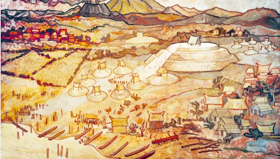 Ilustración de una ciudad antigua vista desde lo alto: montañas al fondo, un volcán, una pirámide escalonada blanca, casas de piedra, chozas, campos de cultivo, un río y personas pequeñas caminando.