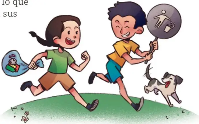 Ilustración de dos niños sonrientes corriendo sobre un pasto; la niña carga una bolsa con residuos y el niño sostiene un letrero redondo con la señal de depositar basura; los acompaña un perro pequeño. Crédito: Ada Paola Vázquez Marroquín, Tamaulipas.