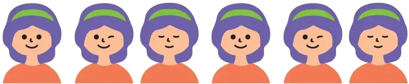 Seis caritas de Magdalena en fila: las dos primeras con ojos abiertos y sonrisa, la tercera con ojos cerrados y sonrisa; luego se repite el mismo grupo (abierta, abierta, cerrada).