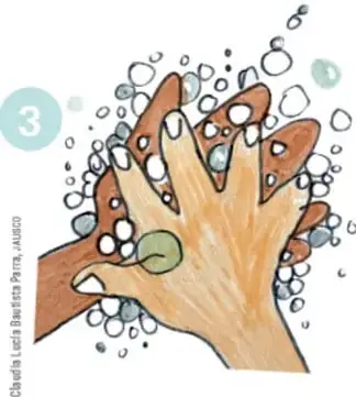 Ilustración de dos manos frotando las palmas entre sí con abundante espuma de jabón, paso 3.